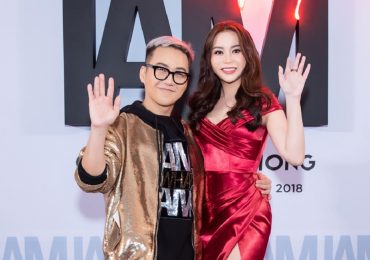 Hoa hậu Hải Dương diện váy đỏ rực chúc mừng NTK Chung Thanh Phong